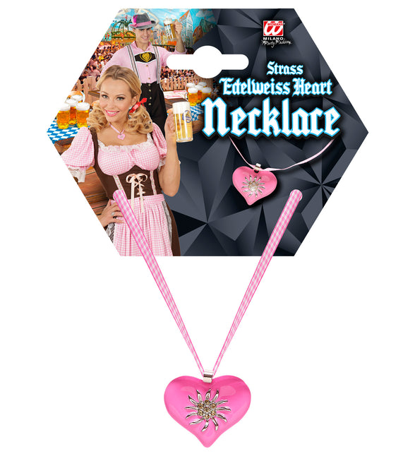 Halsketting met roze hart en edelweiss op verpakkingskaart voor Oktoberfest