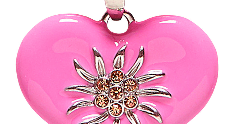 Halsketting met roze hart en edelweiss, zilverkleurige bloem met strass op glanzend roze hart