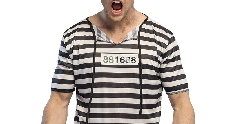 Handboeien Chainfall zilvergrijs, vastgehouden bij een zwart-wit gestreepte gevangene-outfit voor Halloween