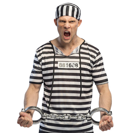 Handboeien Chainfall zilvergrijs, vastgehouden bij een zwart-wit gestreepte gevangene-outfit voor Halloween