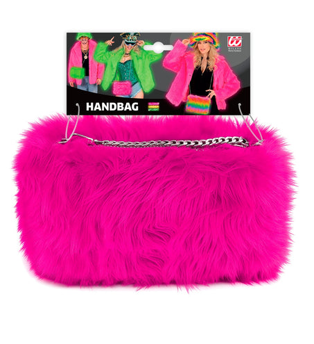 Handtas neon roze pluche langharig, vooraanzicht met verpakkingskaart en ketting