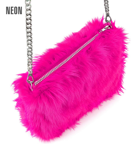 Handtas neon roze pluche met zilveren schakelketting en rits over de bovenkant