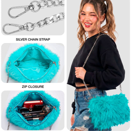 Handtas pluche azuurblauw detail: musketonhaken, rits en blauwe voering met make-up