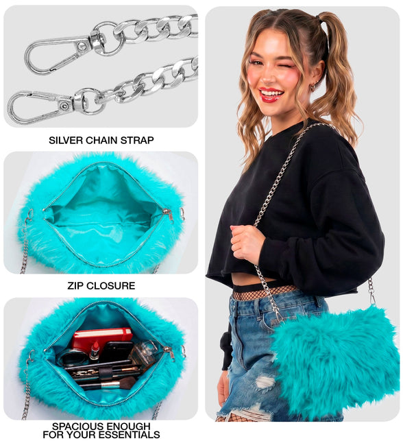 Handtas pluche azuurblauw detail: musketonhaken, rits en blauwe voering met make-up