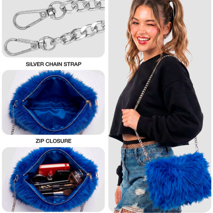 Handtas pluche blauw binnenkant met blauwe voering, rits en zilveren karabijnhaken