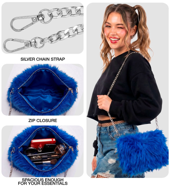 Handtas pluche blauw binnenkant met blauwe voering, rits en zilveren karabijnhaken