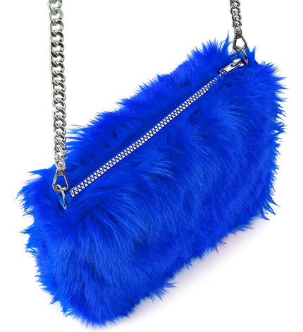 Handtas pluche blauw met zilverkleurige schakelketting en rits, langharig pluche
