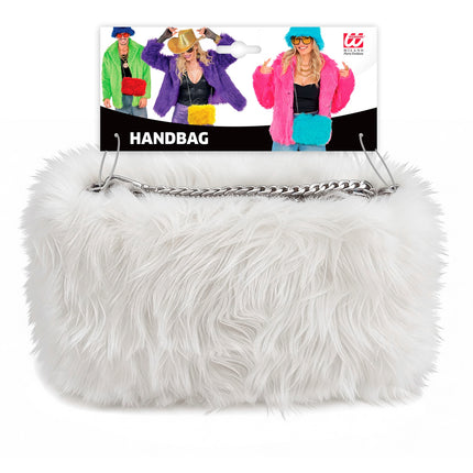 Handtas pluche wit in verpakking met kaart, wit langharig tasje met kettinghengsel