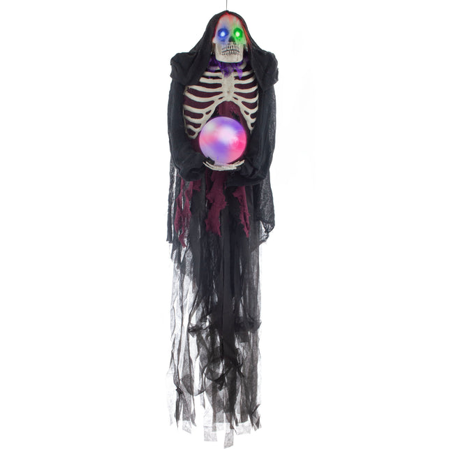 Hangdeco skelet met lamp van 160 cm in zwart gaas met capuchon en oplichtende bol voor Halloween