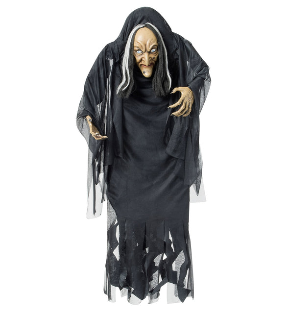 Hangdecoratie gebochelde heks in zwart gewaad met tule flarden en klauwhanden voor Halloween
