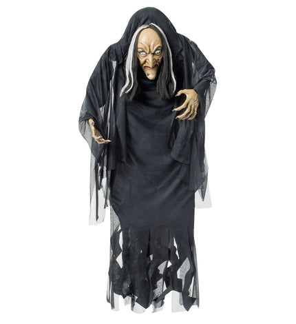 Hangdecoratie gebochelde heks in zwart gewaad met tule flarden en klauwhanden voor Halloween