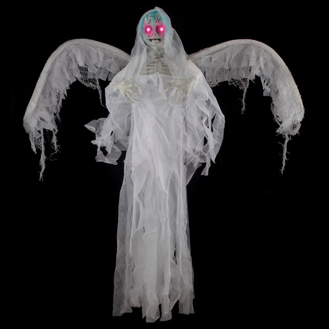 Hangend spook 120 cm met witte gaasvleugels, oplichtende roze ogen en skelethanden voor Halloween