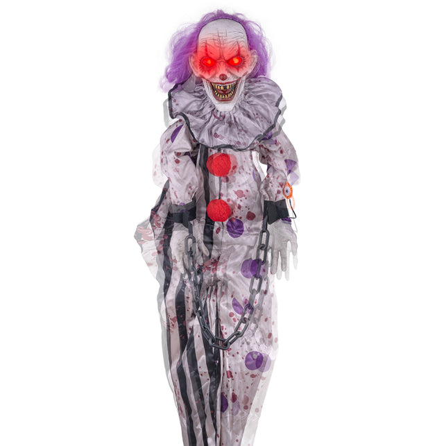 Hangende horrorclown met rood oplichtende ogen, halloweendecoratie om op te hangen