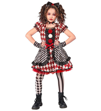 Harlekijn pop kostuum Luukie met rood-witte ruitjurk, gestreepte rok en pompons voor Halloween