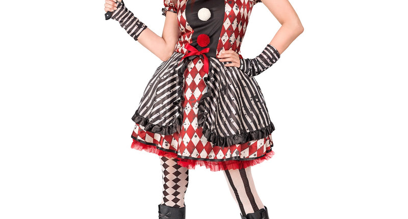 Harlekijn pop kostuum Luukie met rood-zwart ruitlijfje, gestreepte rok en pompons voor Halloween