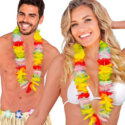 Hawaii bloemenslinger gedragen door dame en heer op een tropisch feest