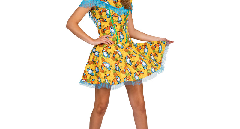 Hawaiiaanse jurk Marit in geel met toekan- en ananasprint en blauwe franjes, voor een hawaiifeest
