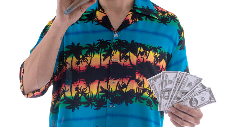 Hawaiian Shirt Aloha voor heren met zwarte palmbomen en zonsondergangbanen, voor een hawaiifeest