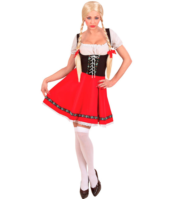 Heidi dirndl jurkje dames met rode rok, zwart lijfje en witte pofmouwen voor Oktoberfest