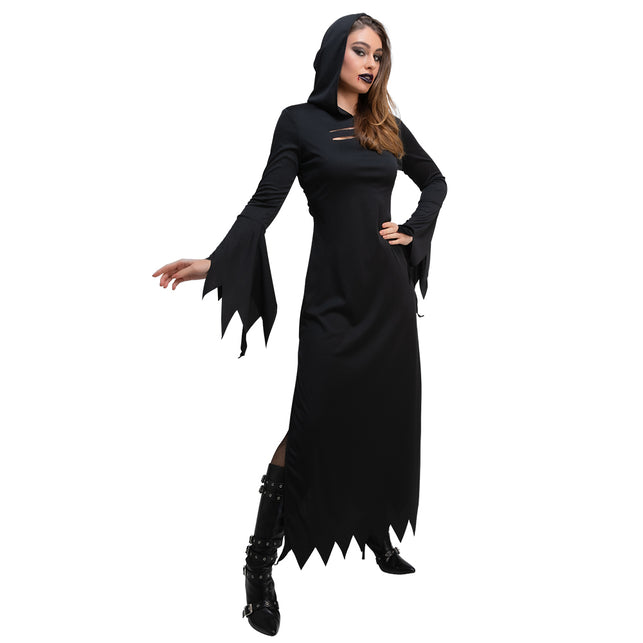Heksen jurk geest in zwart met capuchon en gerafelde puntzoom, damesmodel voor Halloween