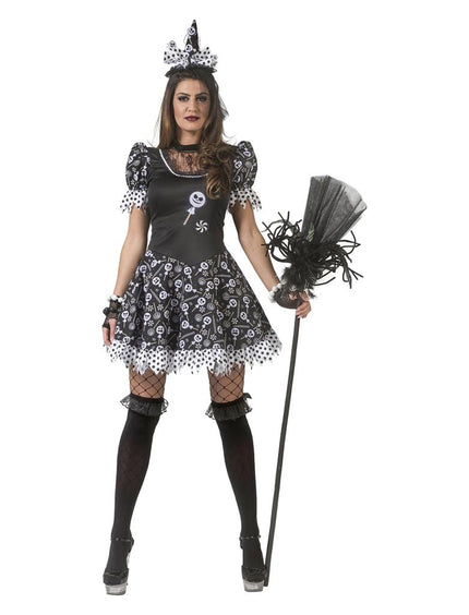 Heksen kostuum Candy dames: zwarte jurk met witte lolly- en snoepprint en mini punthoed voor Halloween