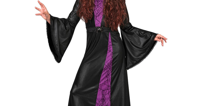 Heksen kostuum voor meisjes, lange zwarte jurk met capuchon en paars spinnenwebpaneel voor Halloween