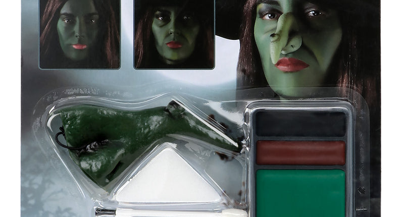 Heksen schminkset met groene heksenneus, vetschmink in groen, zwart en rood, spons en applicator voor Halloween