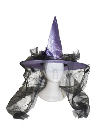 Heksenhoed paars met hoge punt, brede rand en zwart tule met twee nepspinnen, voor Halloween