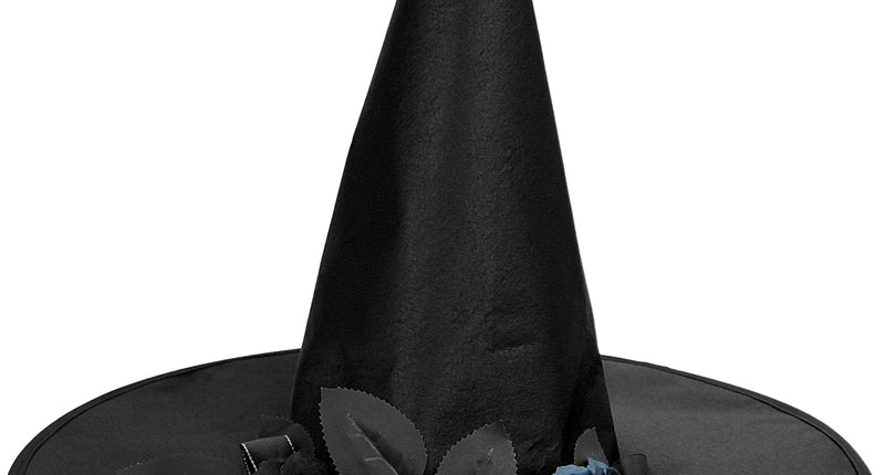 Heksenhoed Zoë zwart met hoge punt, brede rand, zwarte en blauwe rozen en schedeltje voor Halloween