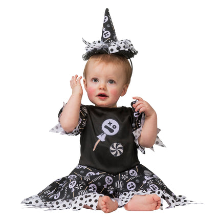Heksenjurk Candy in de kleinste maat met punthoed met stippenstrik en opgestikte lolly