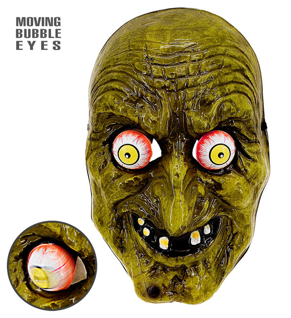 Heksenmasker met wiebelende ogen Sara in groen pvc met bolle rollende oogbollen en gele tanden