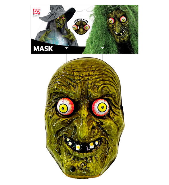 Heksenmasker met wiebelende ogen Sara in verpakking van Widmann met kaartlabel