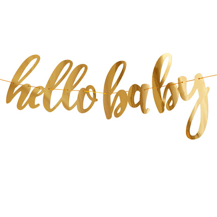 Hello Baby slinger van goudkleurig papier met letters in schuinschrift aan een gouden koord, voor een babyshower