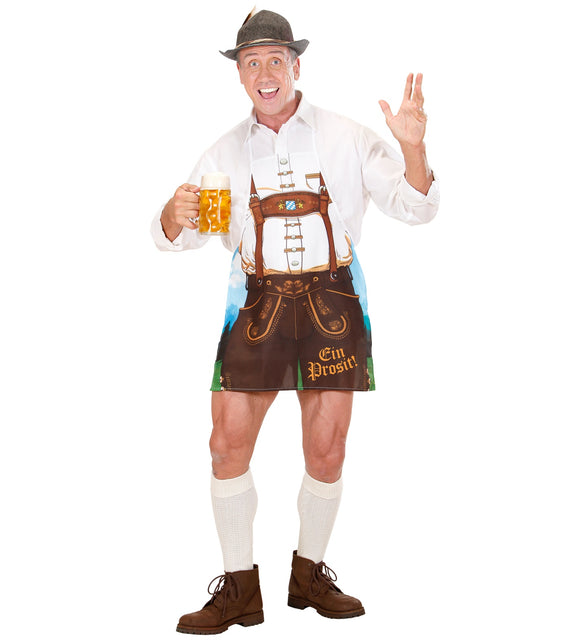 Heren Oktoberfest schort met lederhose-print, gedragen met witte bloes, kniekousen en tirolerhoed