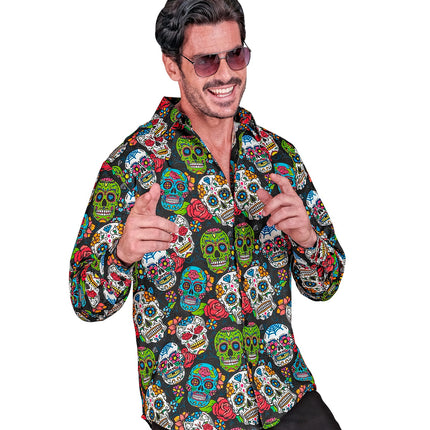 Herenshirt met calavera print in groen, turquoise en rood, mouwen en kraag volledig bedrukt