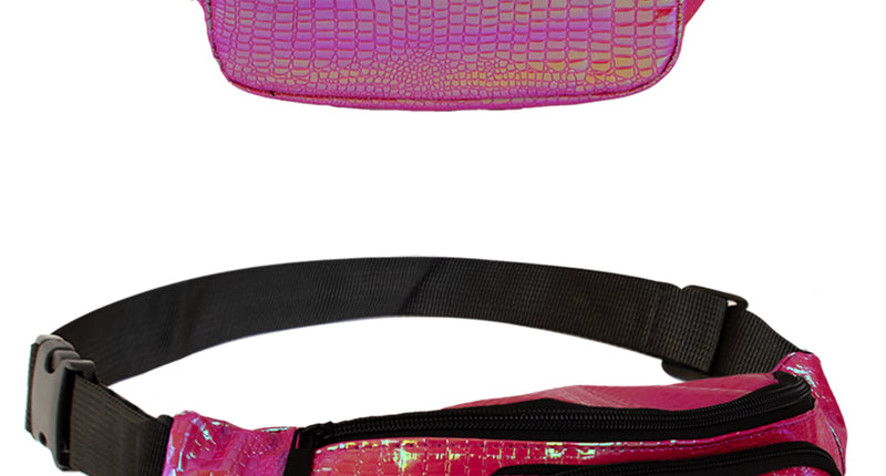 Heuptasje slangeleer print fuchsia, roze glanzend tasje met twee ritsvakken en verstelbare zwarte heupband