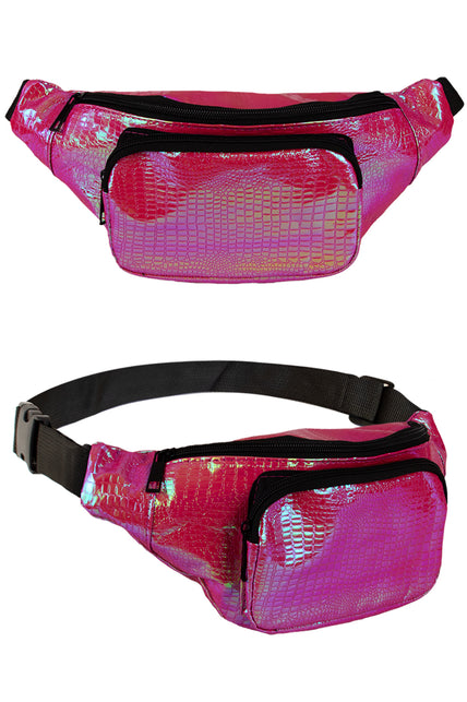Heuptasje slangeleer print fuchsia, roze glanzend tasje met twee ritsvakken en verstelbare zwarte heupband
