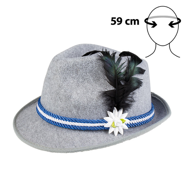 Hoed bierfeest blauw met blauw-wit gedraaid koord, witte edelweiss en hoofdomtrek 59 cm