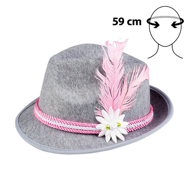Hoed bierfeest roze los gefotografeerd met roze veren, witte edelweiss en hoofdomtrek 59 cm
