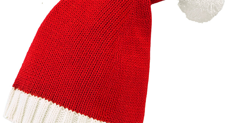 Hoed kerstman gebreid in rood met witte ribboord en witte pompon aan de lange punt