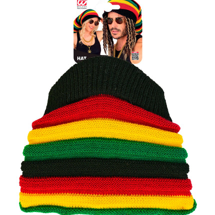 Hoed tam rasta van boven gezien met horizontale rastastrepen en verpakkingskaart
