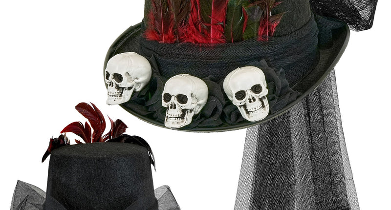 Hoge hoed schedel Pim in zwart met drie schedels, gekleurde veren en tulen sluier voor Halloween