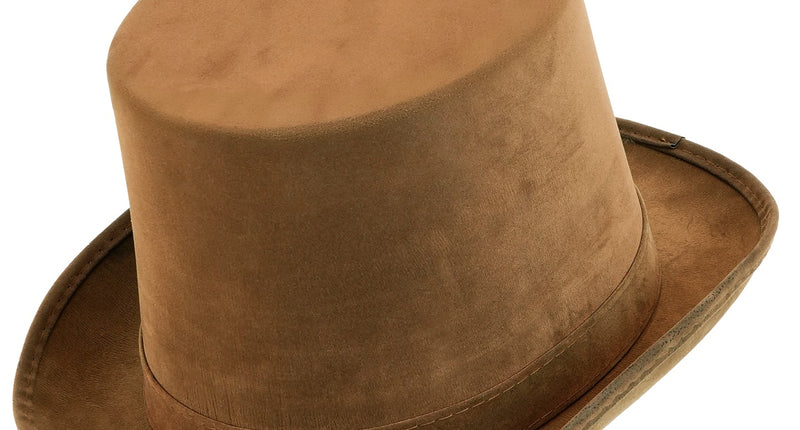 Hoge hoed vintage suede bruin met sierband en omgeslagen rand, schuin vooraanzicht