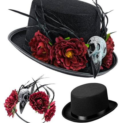 Hoge hoed voodoo zijaanzicht met snavelschedel tussen rode bloemen en opstaande veren