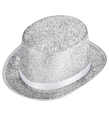 Hoge hoed zilver glitter lurex met witte band en omgeslagen rand, zilverkleurig glitterweefsel