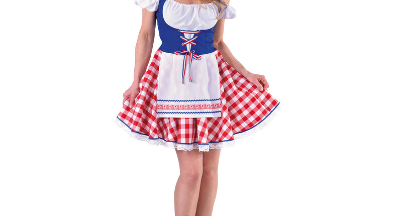 Hollands jurkje Volendamse Bea met rood-wit ruitrok, blauw lijfje en wit schortje voor een Hollandse avond