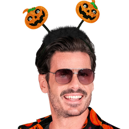 Hoofdband pompoen Liv bij heren halloweenoutfit met pompoencolbert en zonnebril