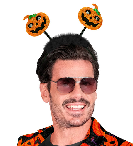 Hoofdband pompoen Liv bij heren halloweenoutfit met pompoencolbert en zonnebril