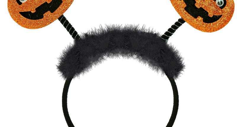 Hoofdband pompoen Liv met twee oranje glitterpompoenen op veertjes boven een zwarte verenband