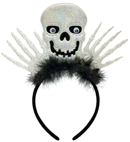 Hoofdband skelet Stijn met glinsterende schedel, wiebeloogjes, skelethanden en zwarte veren